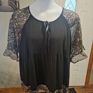 BloomChic Black Blouse with Floral Sheer Sleeves